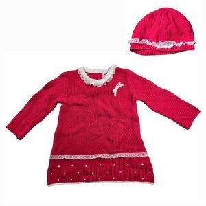 Tahari Baby Red Crochet Knitted Dress Lace Trim Beanie Hat Velvet Bow Infant Cap